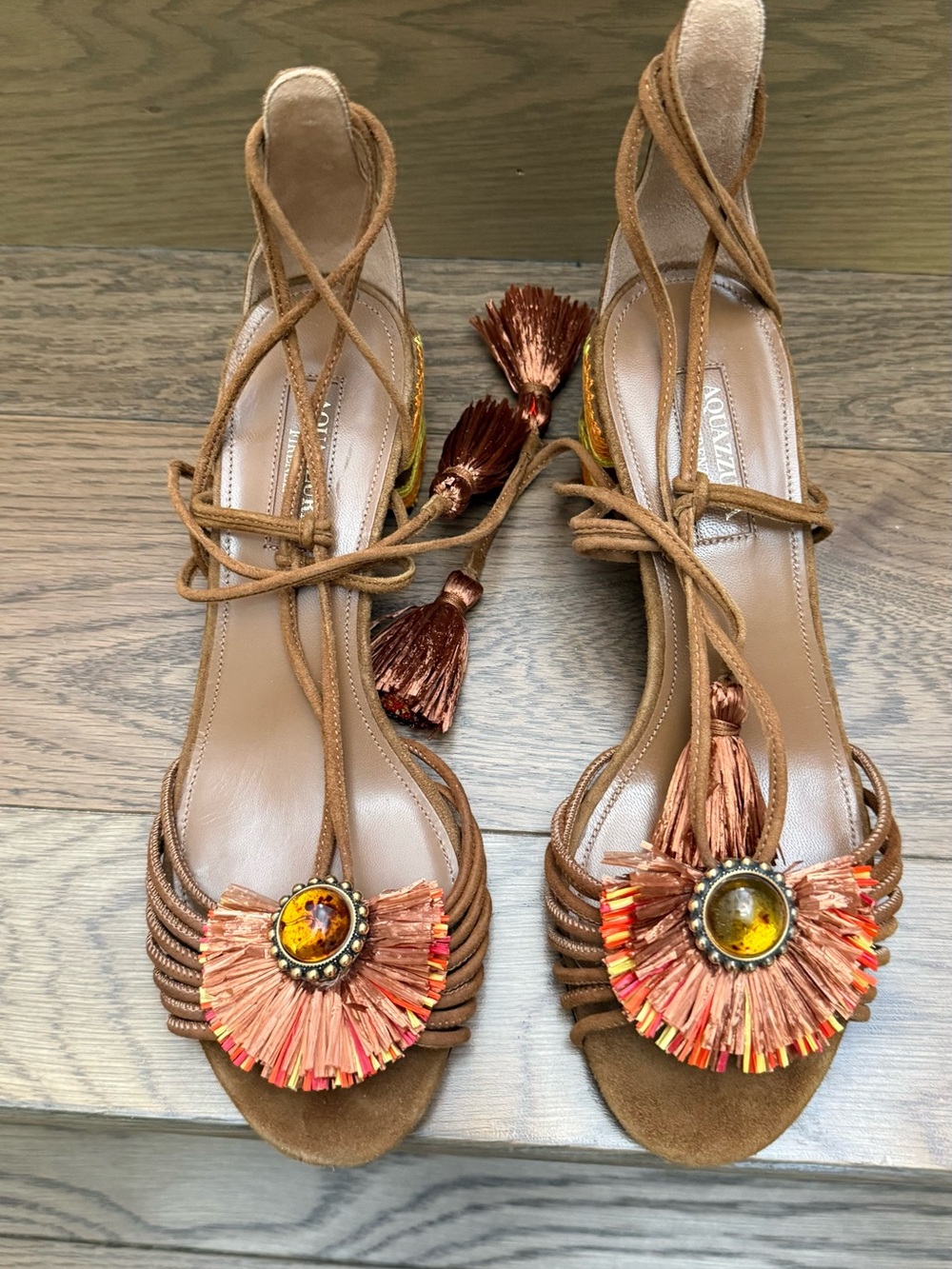 Aquazzura Samba Tan Suede Lace-Up Sandals with Orange Raffia & Amber Gem